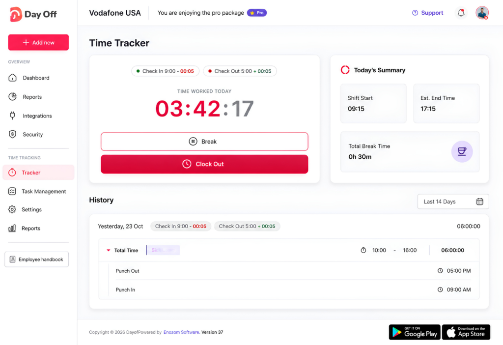 Screenshot of the Day Off app's Time Tracker dashboard showing a running clock, check-in/out times, today's summary, and time-tracking history