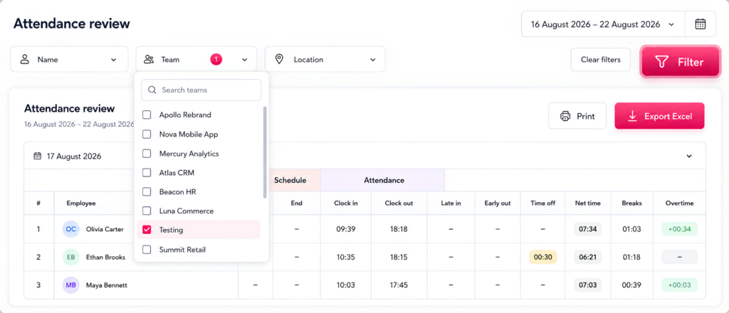 Screenshot of the Day Off app's Attendance review page with the Team filter dropdown open, showing a list of teams to filter the attendance table by