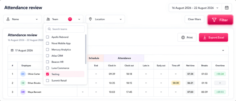 Screenshot of the Day Off app's Attendance review page with the Team filter dropdown open, showing a list of teams to filter the attendance table by