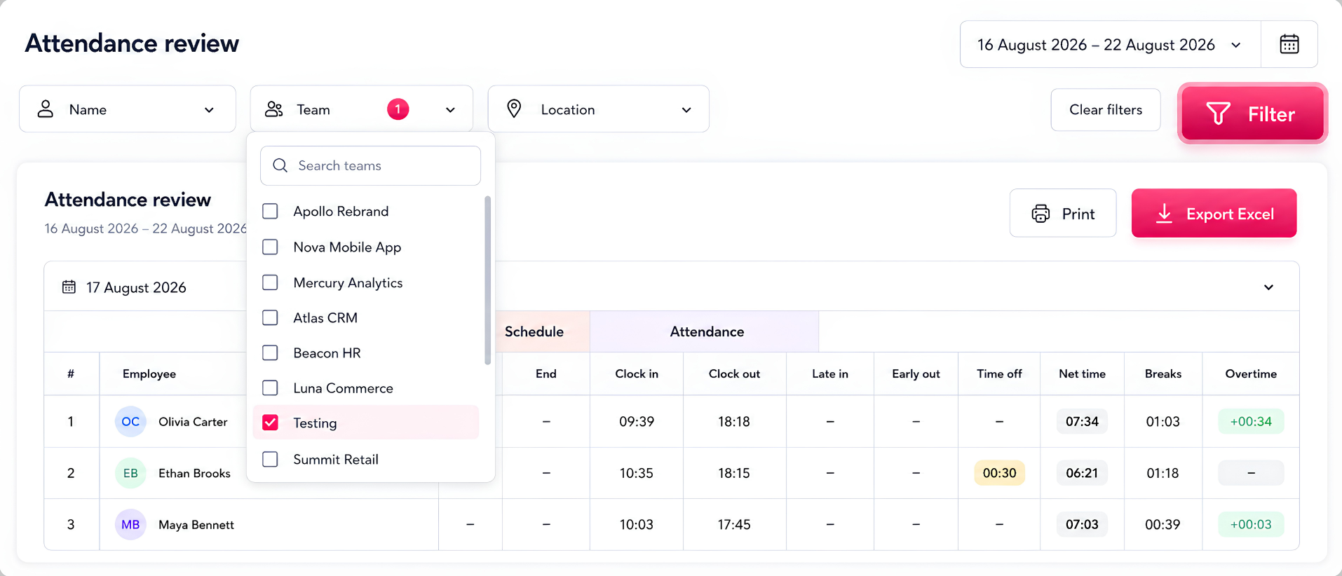 Filtering the attendance report Attendance Review