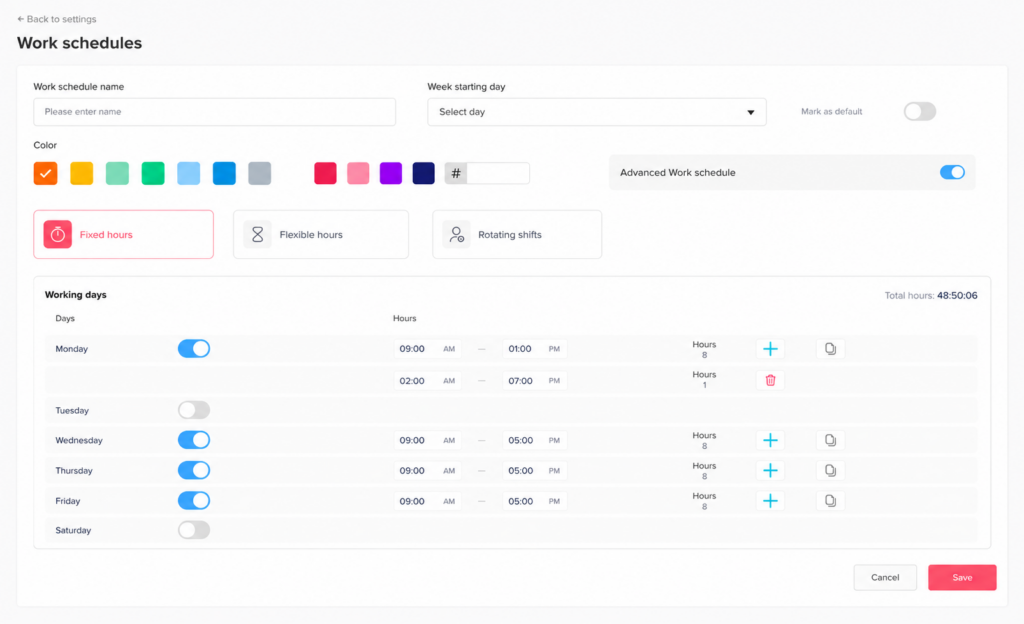 Screenshot of the Day Off app's Work Schedules settings with "Fixed hours" selected, showing working days with split shift hours entered for Monday