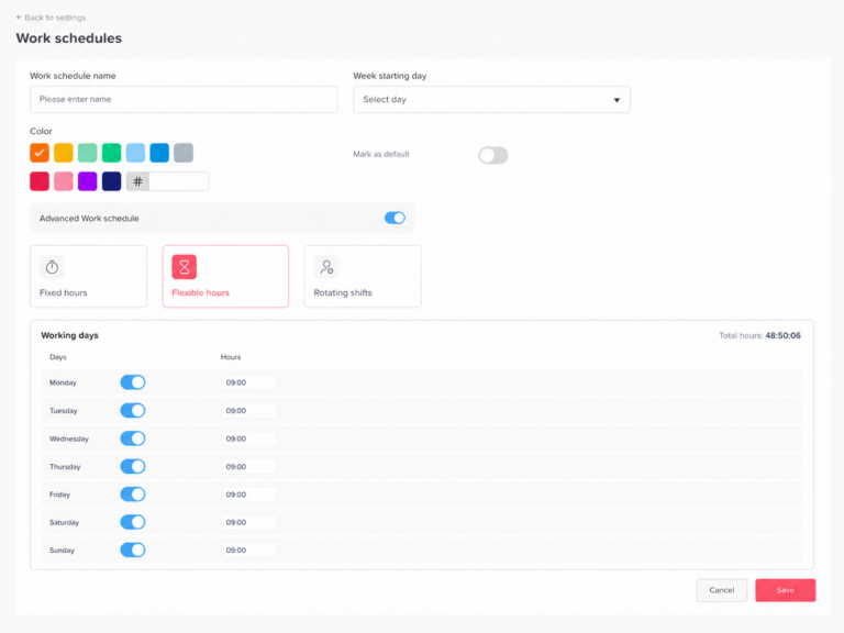 Screenshot of the Day Off app's Work Schedules settings with "Flexible hours" selected, showing working days and hours configuration