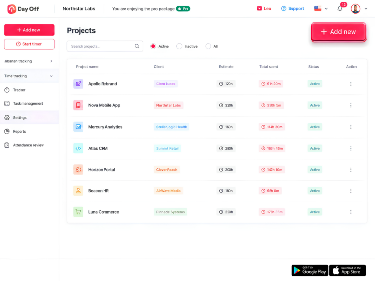 Screenshot of the Day Off app's Projects management page listing active projects with client names, time estimates, total time spent, and status