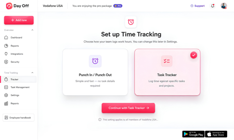 Screenshot of the Day Off app's time tracking setup screen, letting the admin choose between Punch In/Punch Out and Task Tracker options
