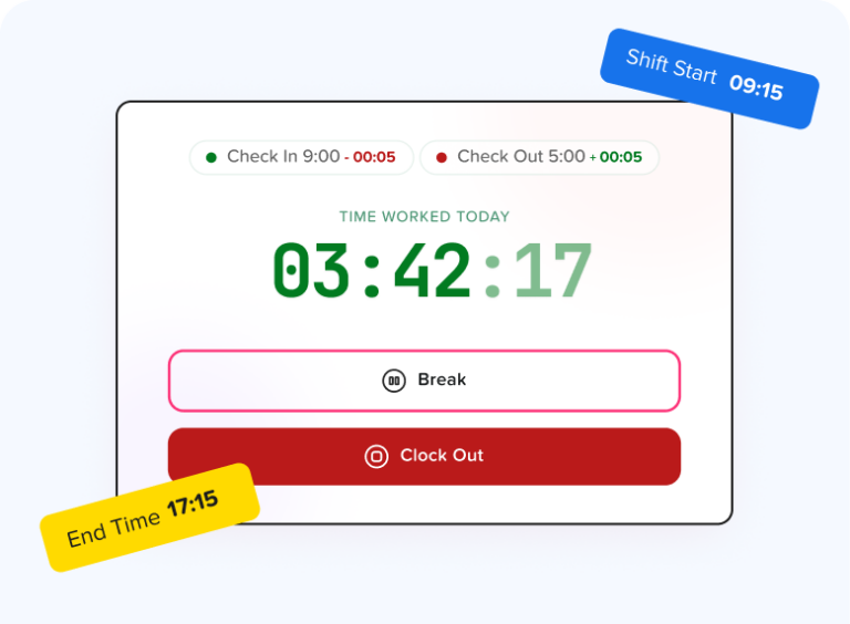 Marketing graphic showing the Day Off Time Tracker interface with a running timer, check-in/out times, and a "Shift Start 09:15" callout