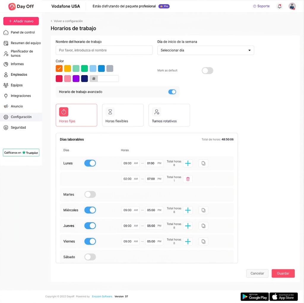 Captura de pantalla de la interfaz de la aplicación Day Off que muestra la página "Horarios de trabajo", donde se pueden configurar los días laborables y establecer horarios de "Horas fijas" para cada día de la semana.