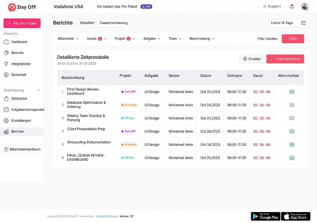 Screenshot des Day Off Dashboards mit detaillierten Zeitprotokollen in einer deutschen Nutzeroberfläche.