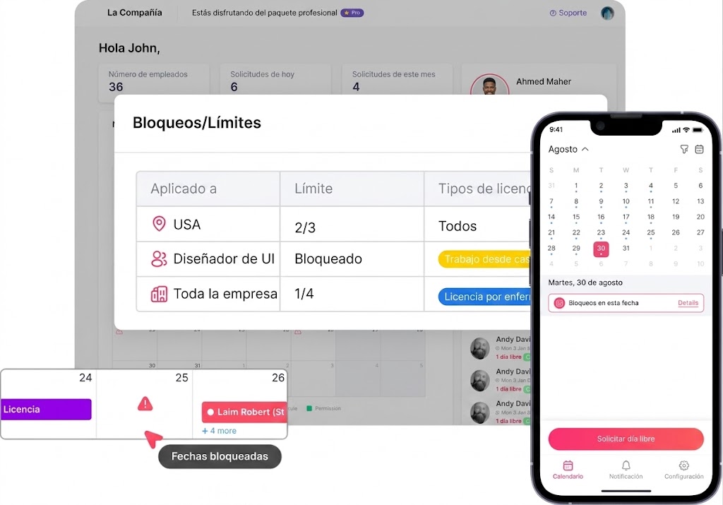 Interfaz de la aplicación mostrando la configuración de bloqueos y límites de licencias en versión web y móvil.