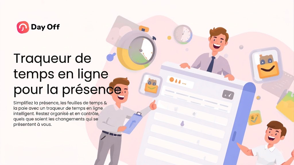 Suivi du temps en ligne pour la présence et la paie 7 Illustration marketing d'un logiciel de gestion du temps avec des employés souriants.