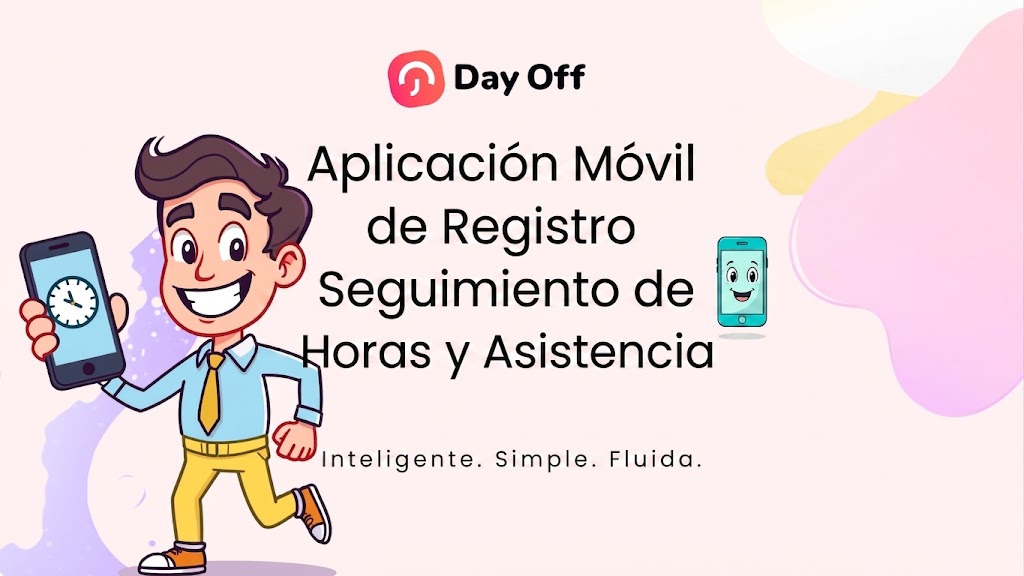 Aplicación móvil de fichaje para el control de horas y asistencia de los empleados 7 Un hombre animado sonriente sosteniendo un teléfono con un reloj en la pantalla, junto al texto promocional de la aplicación "Day Off" para el registro móvil, seguimiento de horas y asistencia.