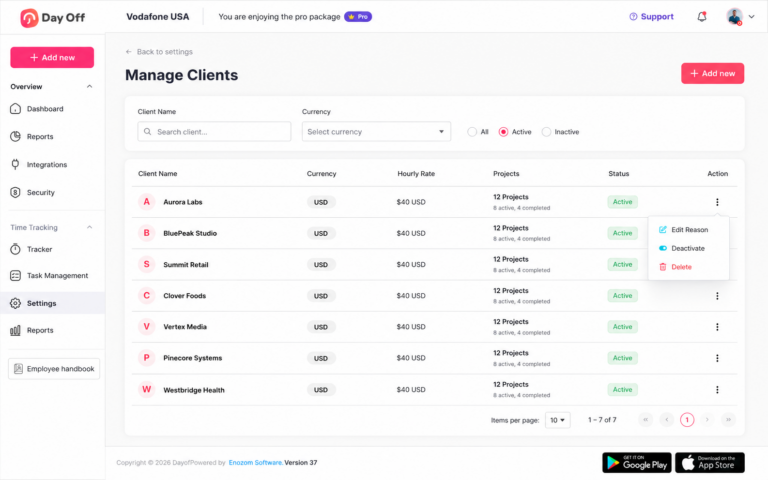 Screenshot of the Day Off app's "Manage Clients" page listing clients with their currency, hourly rate, project counts, and status, with an action menu open