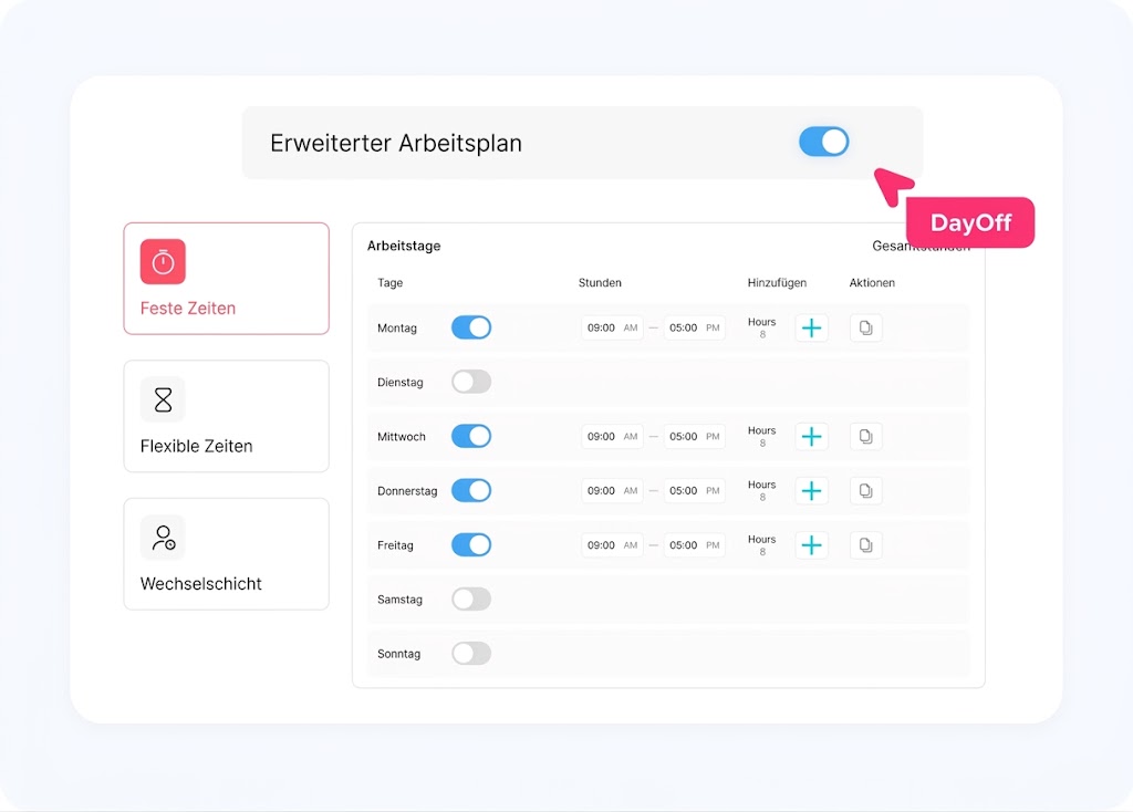 Benutzeroberfläche der DayOff-App zur Konfiguration von erweiterten Arbeitsplänen, festen oder flexiblen Arbeitszeiten und Schichtmodellen.