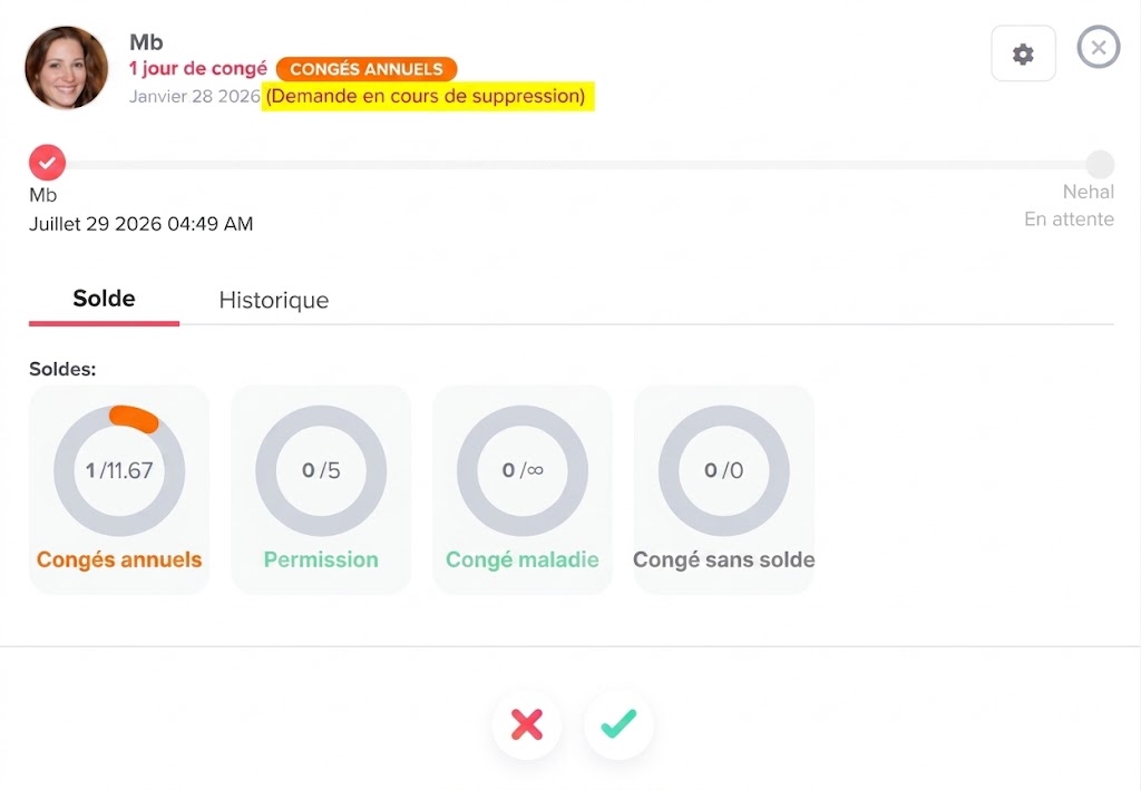 Capture d'écran de l'application Day Off montrant une demande de congé annuel en cours de suppression, avec le statut d'approbation et le solde de congés de l'employé