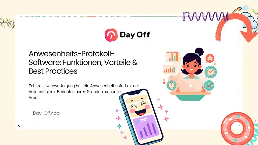 Eine illustrierte Infografik für die "Day Off" Anwesenheits-Software, die eine arbeitende Frau am Laptop, ein Smartphone und Text über die Funktionen und Vorteile der App zeigt.