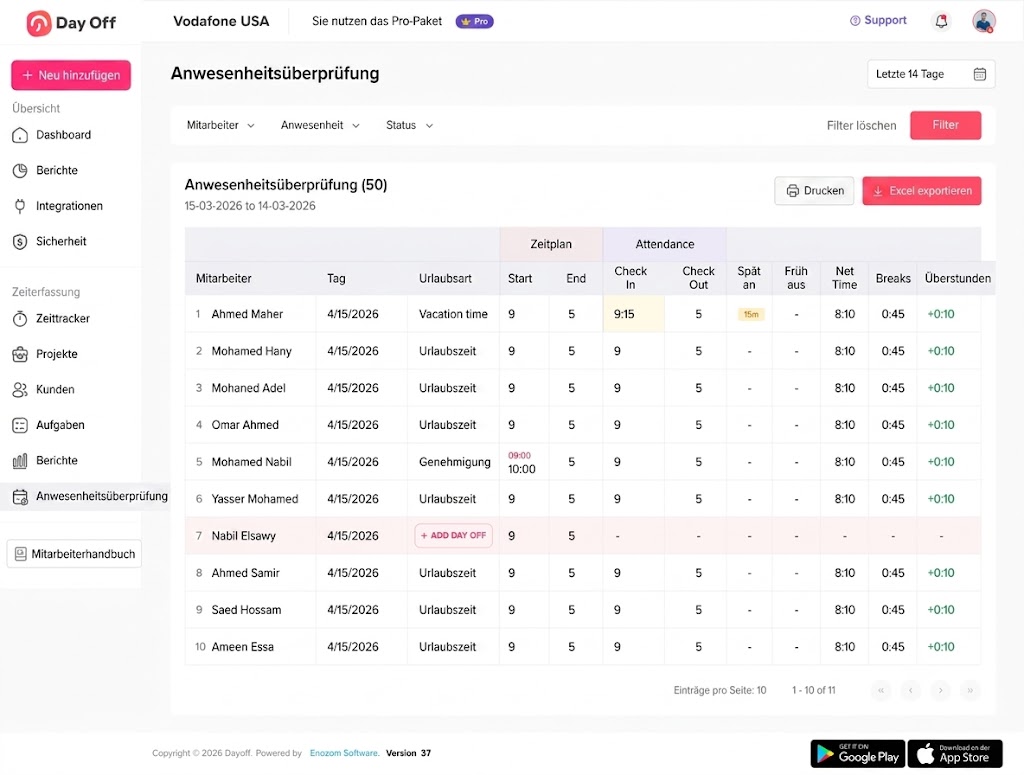 Screenshot des "Day Off" Dashboards mit einer Tabelle zur Anwesenheitsüberprüfung, die Mitarbeiternamen, Arbeitszeiten und Pausen anzeigt.