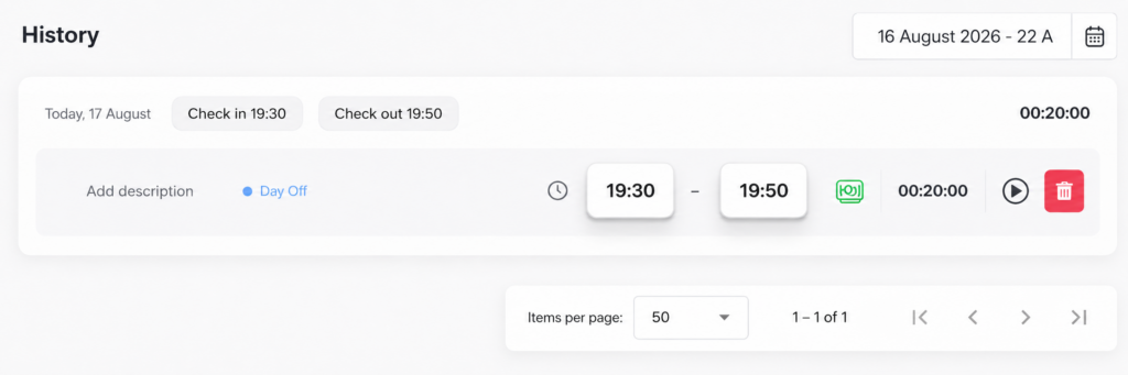 Screenshot of the Day Off app's Time Tracker History showing an editable time log entry with check-in and check-out times and a delete option