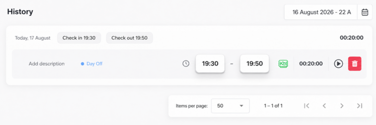Screenshot of the Day Off app's Time Tracker History showing an editable time log entry with check-in and check-out times and a delete option