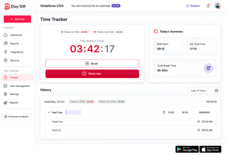Screenshot of the Day Off app's Time Tracker dashboard showing a running clock, check-in/out times, today's summary, and time-tracking history