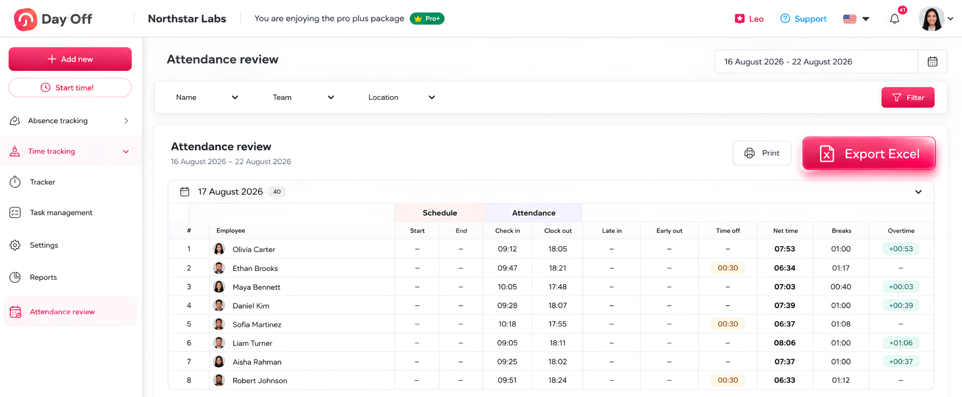 export to excel and print Attendance Review
