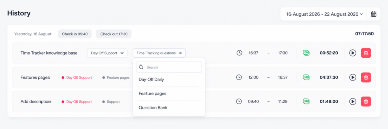 Screenshot of the Day Off app's Time Tracker History showing logged entries with project and task selectors, including an open task dropdown with search