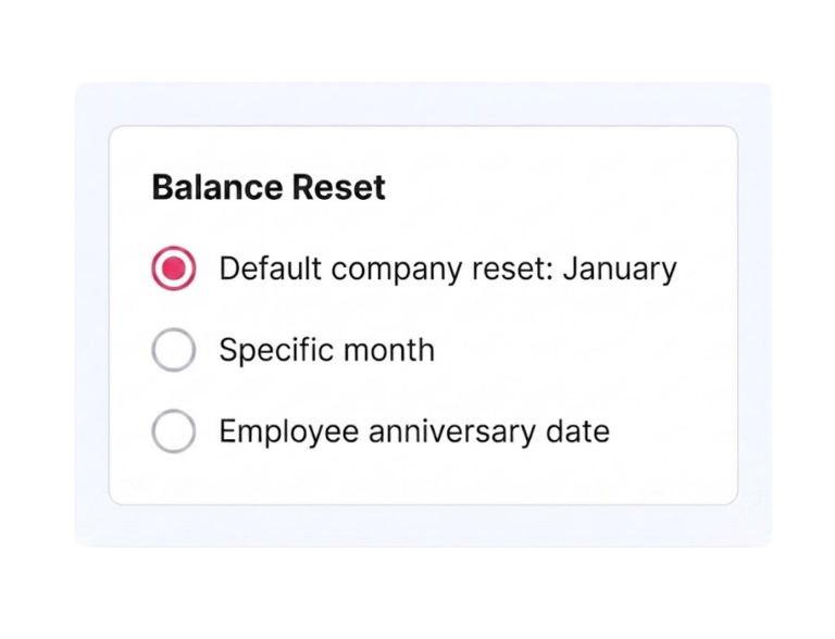 Screenshot of the Day Off app's Balance Reset settings showing radio button options for default company reset, specific month, or employee anniversary date