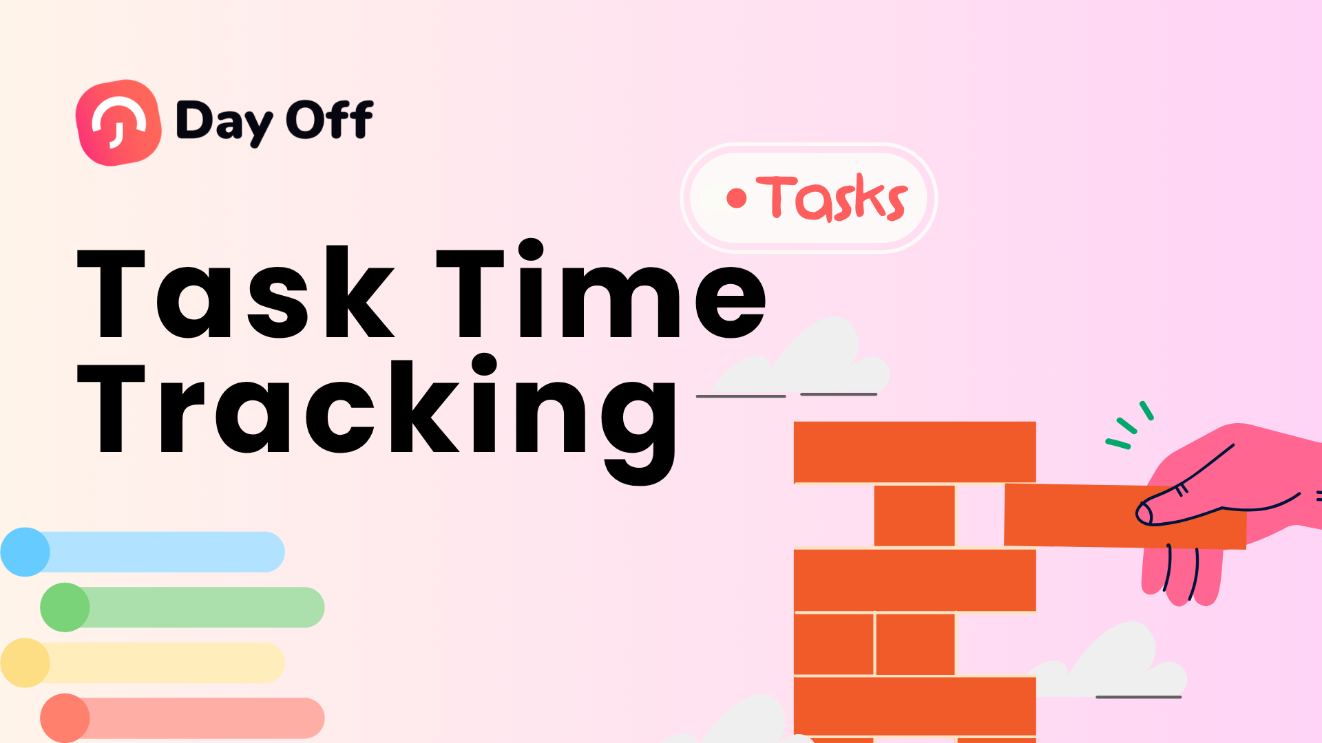 Day Off blog cover graphic titled "Task Time Tracking" with an illustration of a hand assembling building blocks