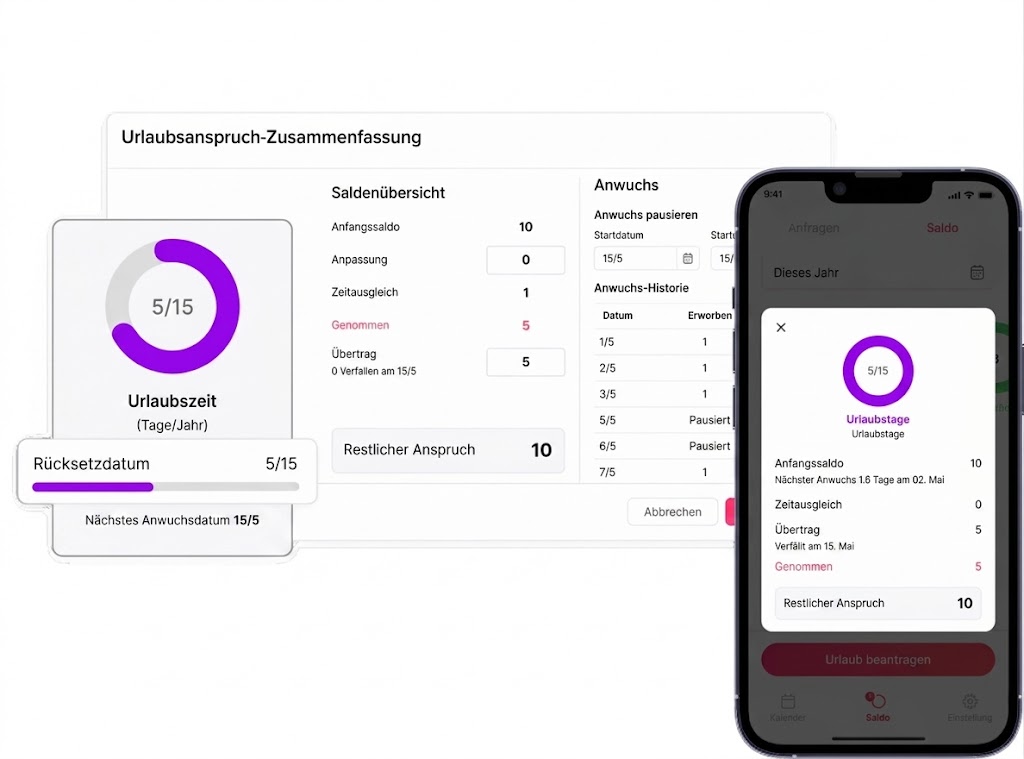 Eine Ansicht der Benutzeroberfläche zur Urlaubsverwaltung auf Desktop und Smartphone mit Saldenübersicht, Anwuchshistorie und verbleibenden Urlaubstagen.