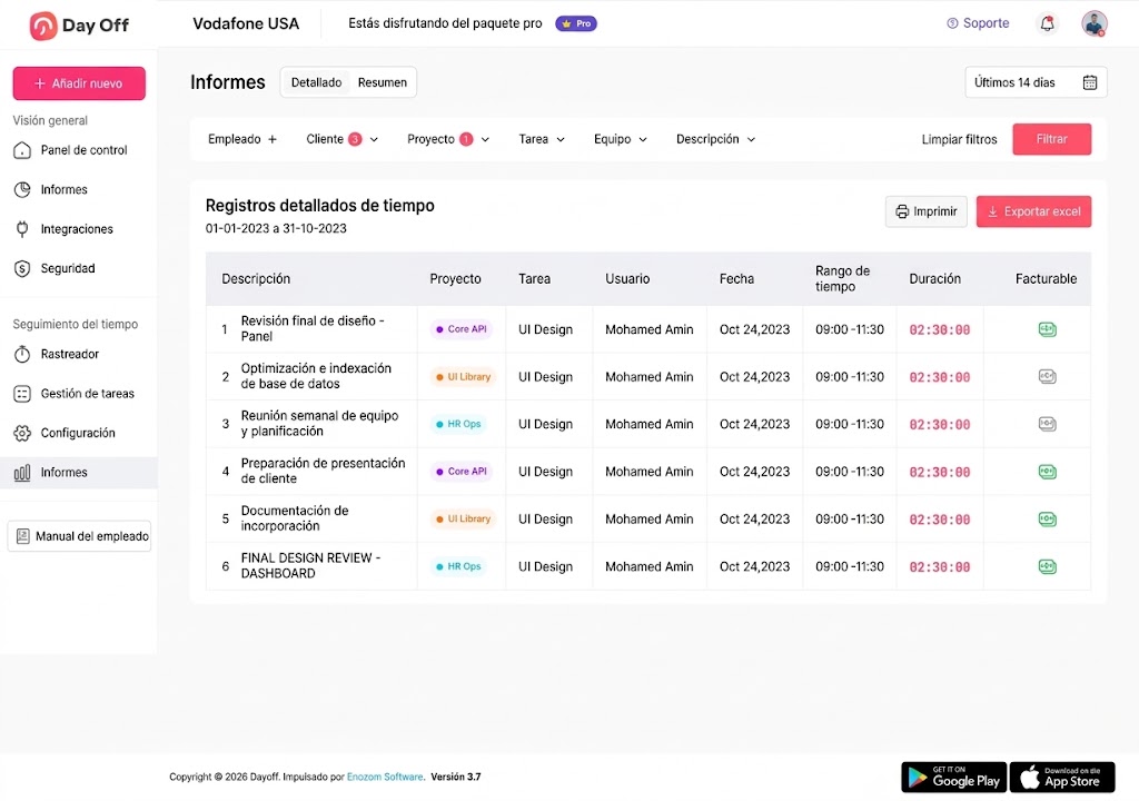 Informe detallado de registros de tiempo en Day Off con filtros por proyecto, tarea, usuario, fecha y duración, y opciones de exportación