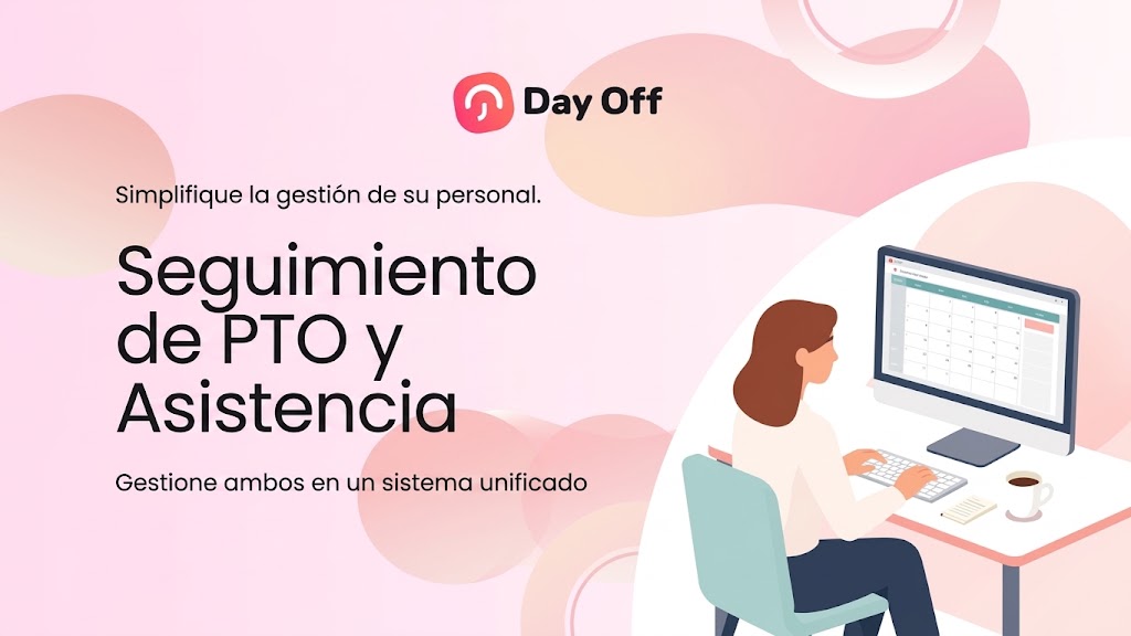 Ilustración de una mujer usando la plataforma "Day Off" para gestionar permisos y asistencia.