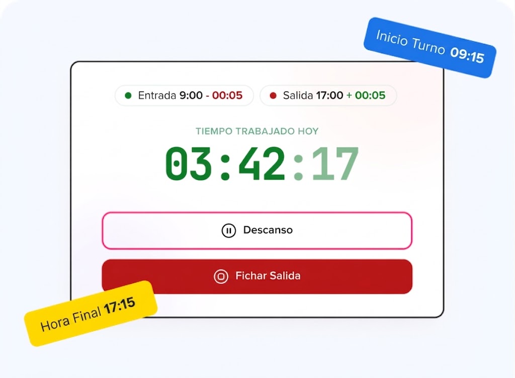 App de control de asistencia por turnos de Day Off con botones para descanso, fichar salida y horas de inicio y fin de turno