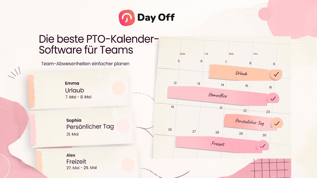 Die beste Urlaubskalender-Software für Teams 16 Eine Grafik auf Deutsch für die Day Off PTO-Kalender-Software, die Urlaubs- und Abwesenheitspläne für Teammitglieder anzeigt.