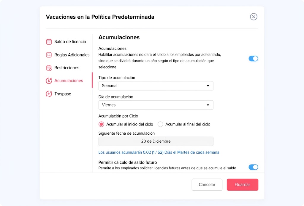 Captura de pantalla de la interfaz de configuración donde se definen las reglas de acumulación de días de vacaciones, frecuencias de cálculo y fechas de acreditación.