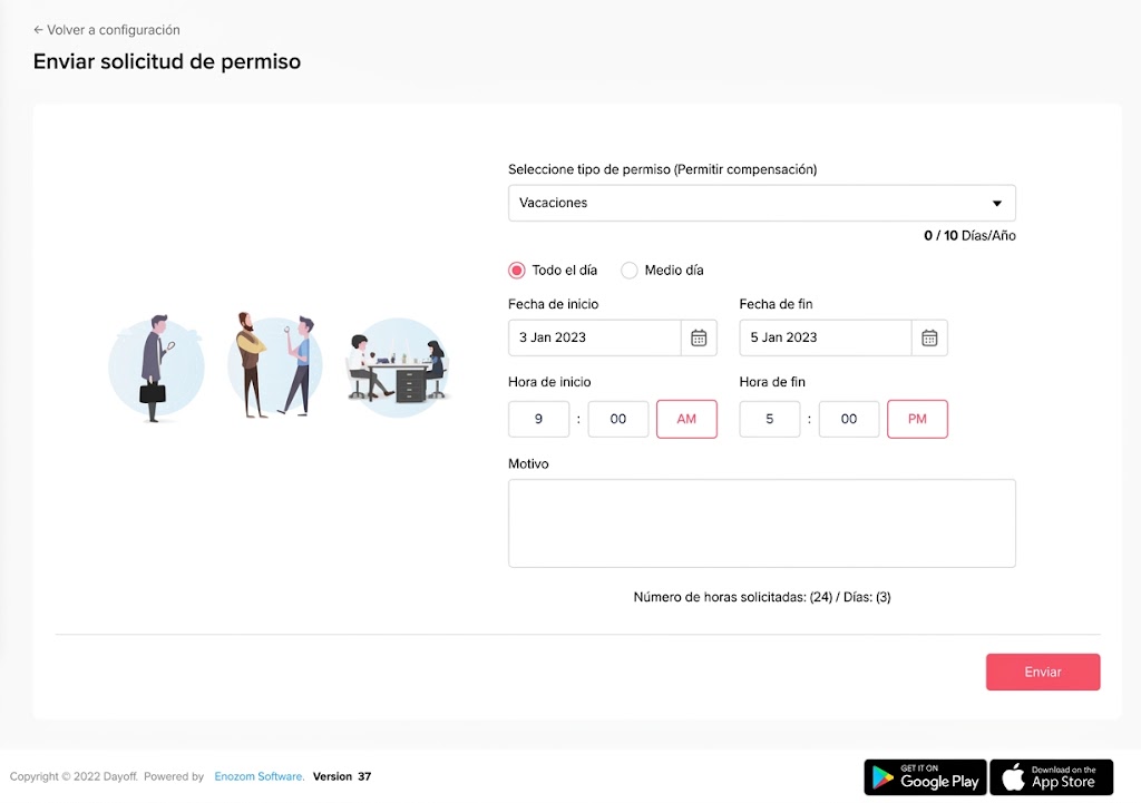 Formulario digital para solicitar tiempo libre que permite seleccionar el tipo de permiso, fechas, horas y motivo de la ausencia.