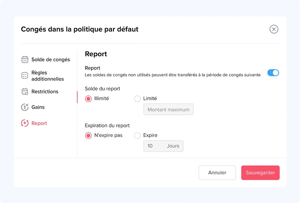 Capture d'écran de l'interface des paramètres affichant les options de configuration du report des congés payés non utilisés et leur date d'expiration en français.