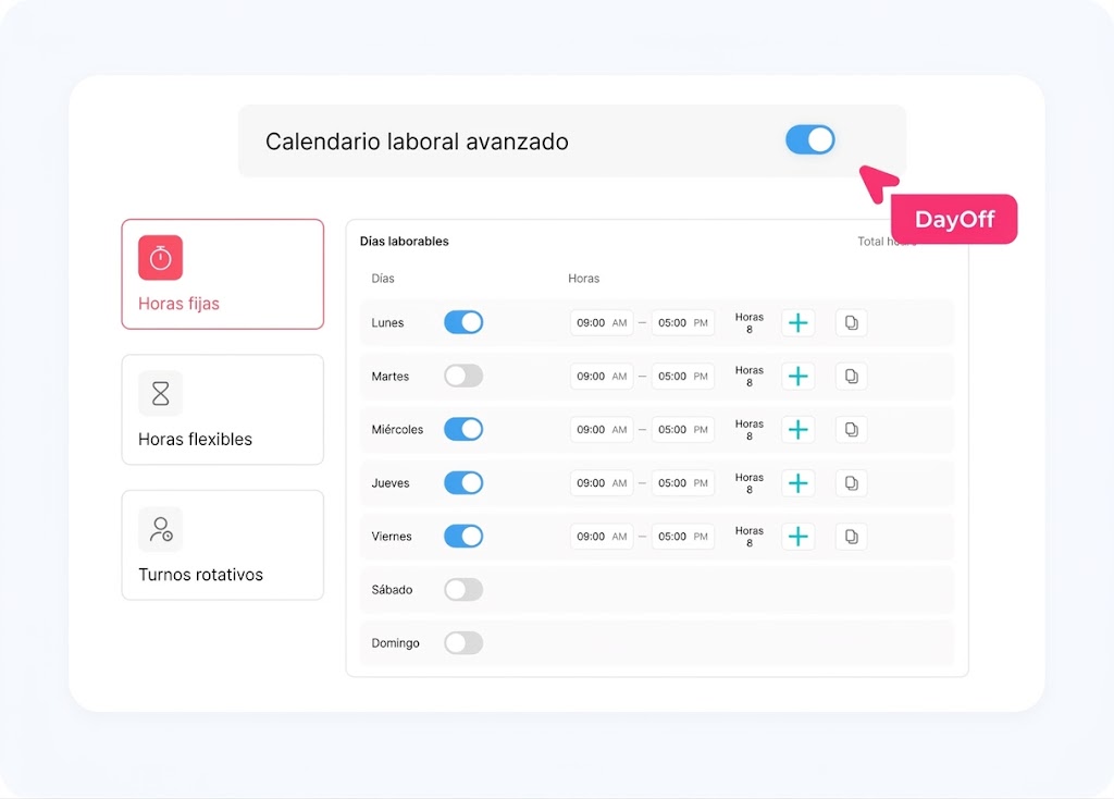 Una captura de pantalla de un panel de control digital para configurar un calendario laboral, que muestra opciones para horas fijas, flexibles y turnos rotativos, y un horario detallado para los días laborables.