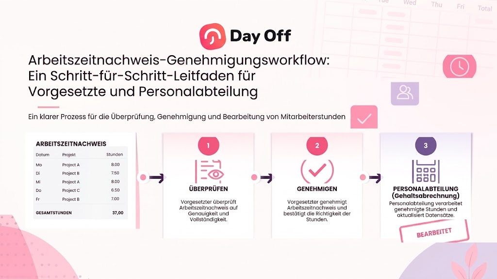 Ein dreistufiger Prozess zur Überprüfung, Genehmigung und Bearbeitung von Arbeitszeiten für Vorgesetzte und die Personalabteilung mit der Day Off App.