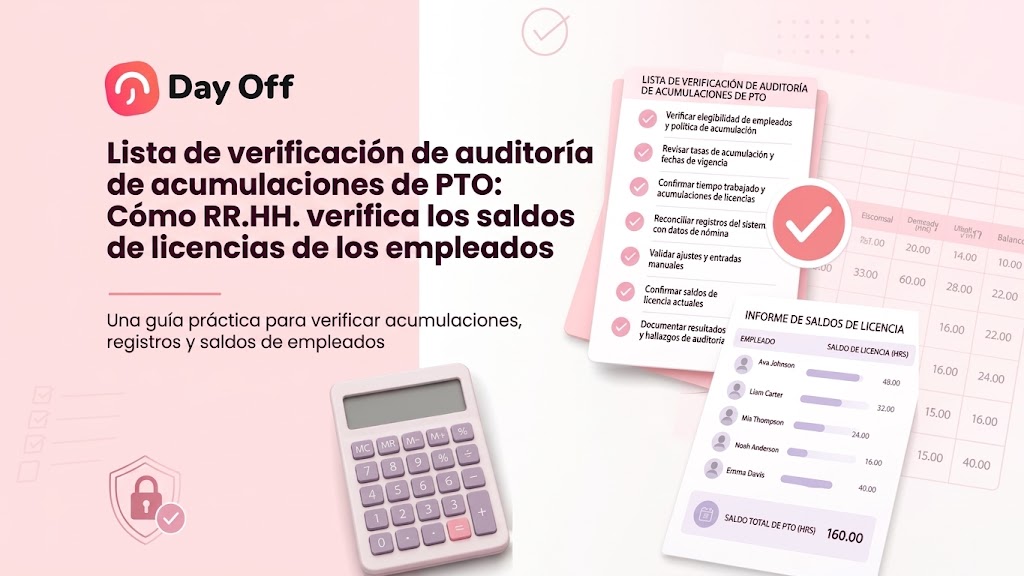 Infografía en español sobre cómo los departamentos de Recursos Humanos realizan auditorías de saldos de licencias y acumulaciones de PTO, junto a una calculadora e informes de control.
