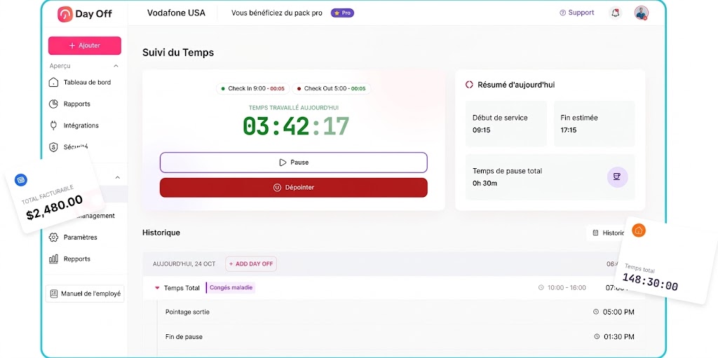 Capture d'écran de l'interface de suivi du temps Day Off affichant le chronomètre de travail, les options de pointage et le résumé de la journée.