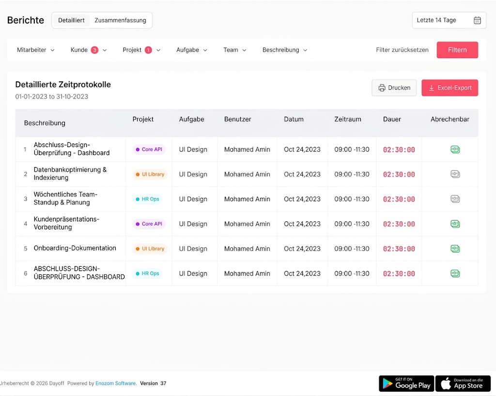 Eine Benutzeroberfläche der Software Day Off für detaillierte Zeitprotokolle mit Filtern, Suchoptionen und einer Tabelle der erfassten Arbeitszeiten von Mitarbeitern.