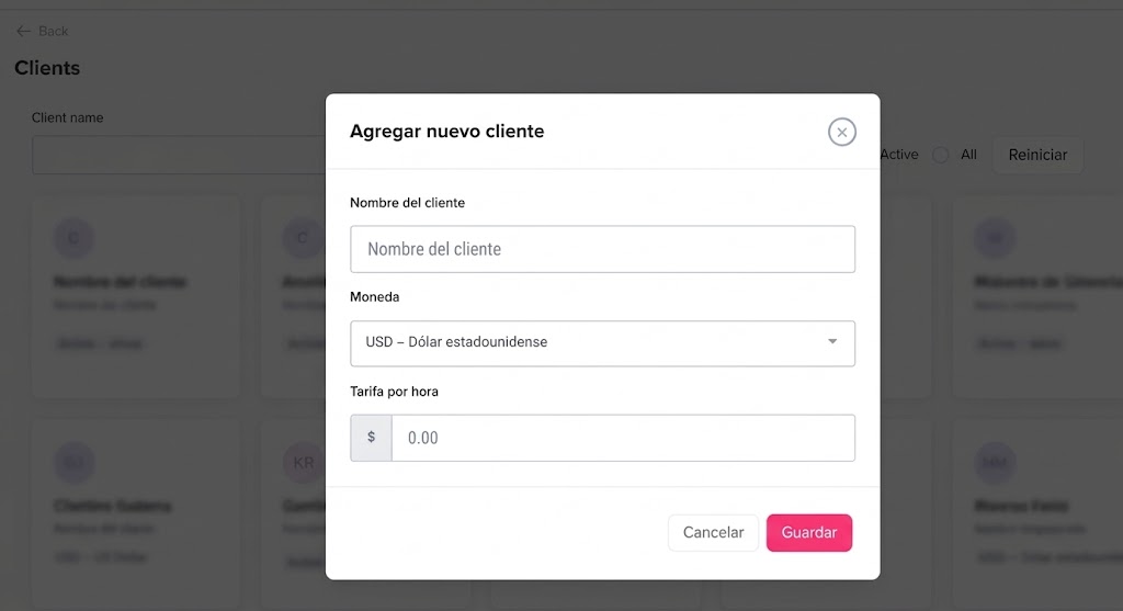 Captura de pantalla de un formulario flotante para agregar un nuevo cliente, con campos para el nombre del cliente, la moneda y la tarifa por hora.