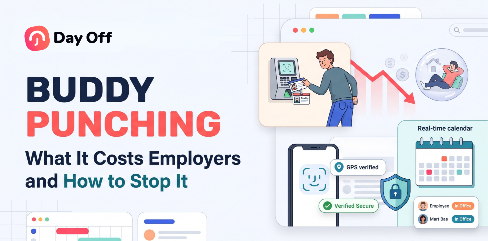 Blog banner for Day Off app titled "Buddy Punching: What It Costs Employers and How to Stop It," featuring a minimal vector illustration of an employee secretly holding a colleague's ID badge next to a secure mobile check-in app.
