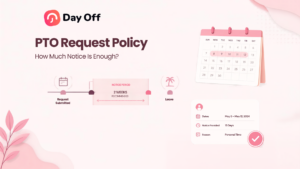 PTO Request Policy illustration showing a two-week notice period for employee leave requests.