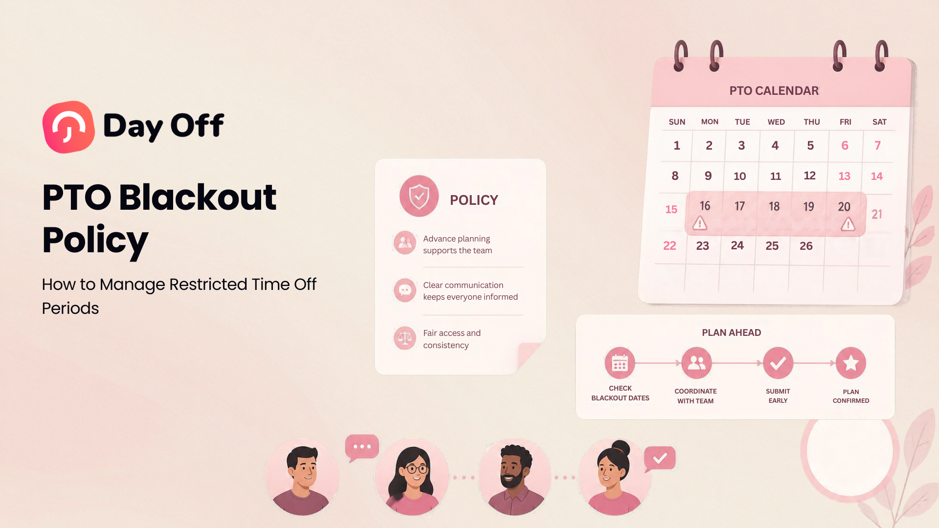 PTO Blackout Policy illustration showing restricted dates, team planning, and PTO calendar management.
