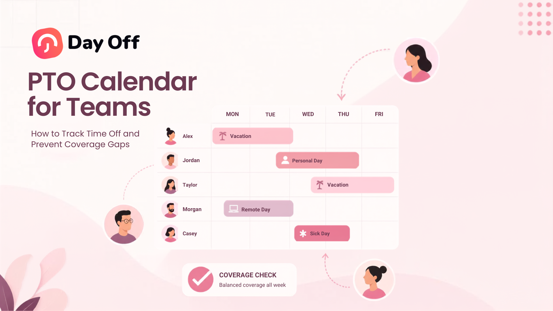 PTO Calendar for Teams showing employee vacations, sick days, personal days, and team coverage.