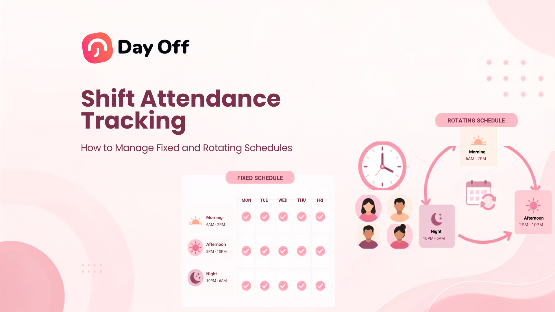 Shift Attendance Tracking illustration showing fixed and rotating employee work schedules.