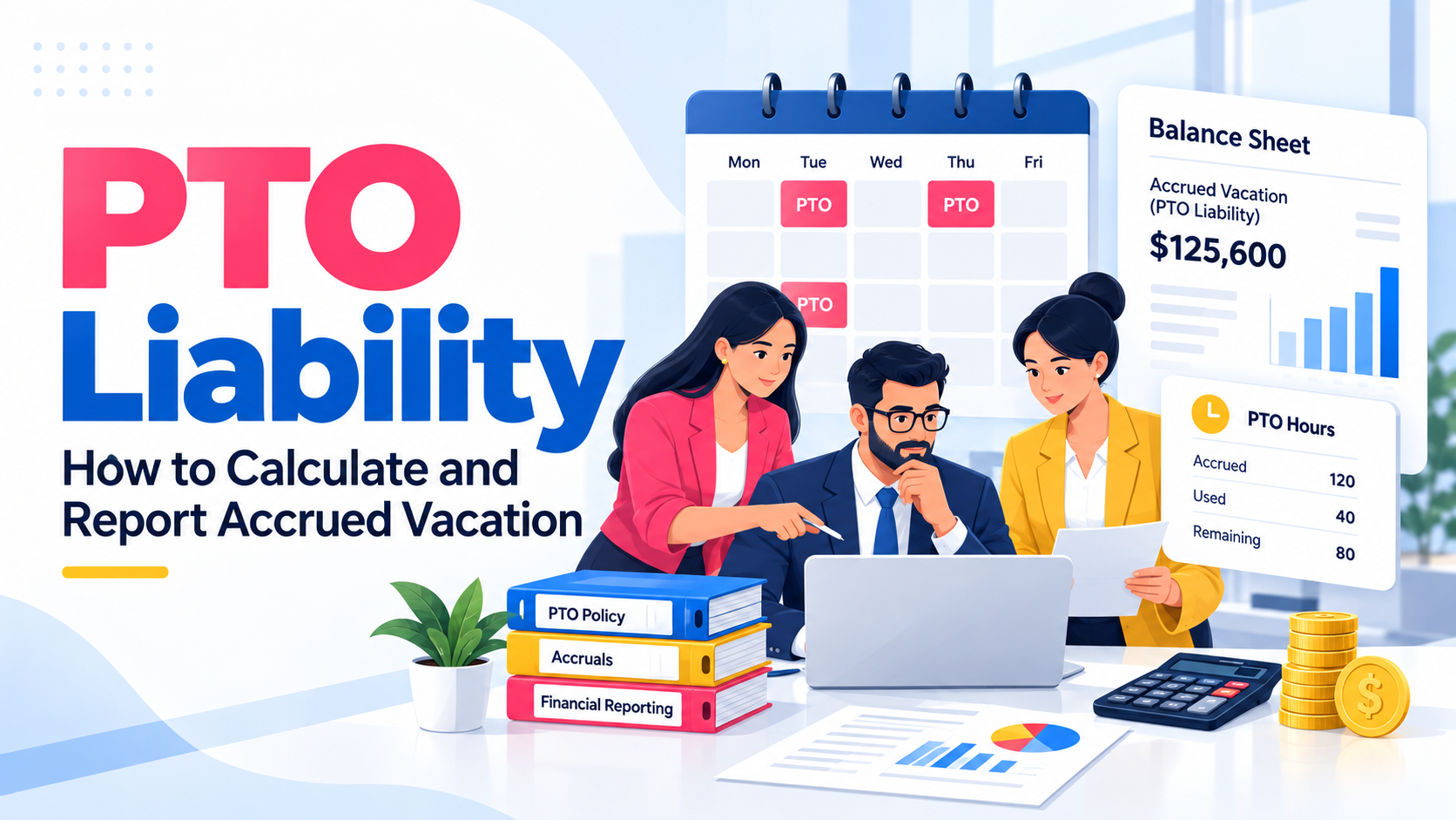 Professional illustration explaining PTO liability, showing accrued vacation balances, PTO hours, financial reporting, and balance sheet calculations for businesses.