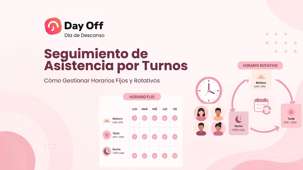 Una infografía de marca blanca y rosa de "Day Off" titulada "Seguimiento de Asistencia por Turnos". Explica "Cómo Gestionar Horarios Fijos y Rotativos". En la parte inferior izquierda, una tabla de "HORARIO FIJO" muestra los turnos de "Mañana", "Tarde" y "Noche" marcados para "LUN" a "VIE". En la parte inferior derecha, un diagrama de "HORARIO ROTATIVO" ilustra un ciclo de turnos de "Mañana", "Tarde" y "Noche" con iconos de reloj y calendario. Cuatro avatares de empleados se sientan entre los dos diagramas de horarios.