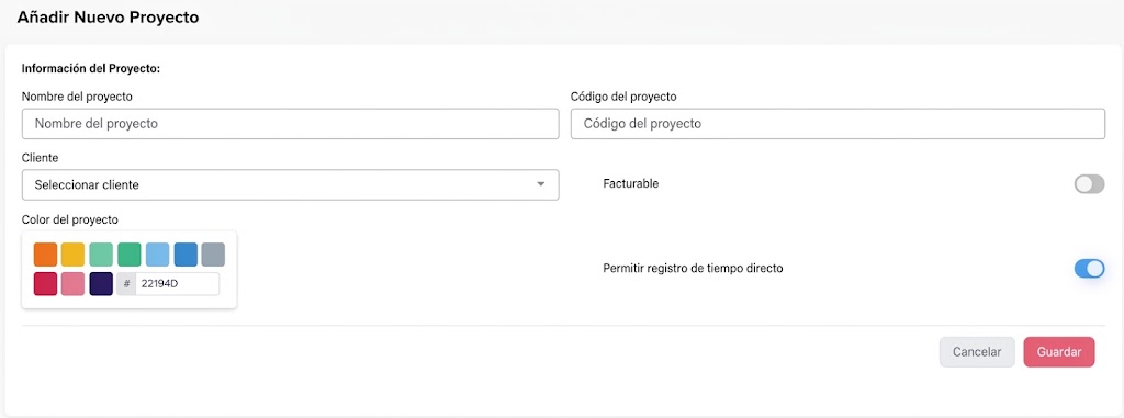 Control de tiempo para agencias en Day Off: formulario «Añadir nuevo proyecto» con nombre, código, cliente, color, opción facturable y registro de tiempo directo
