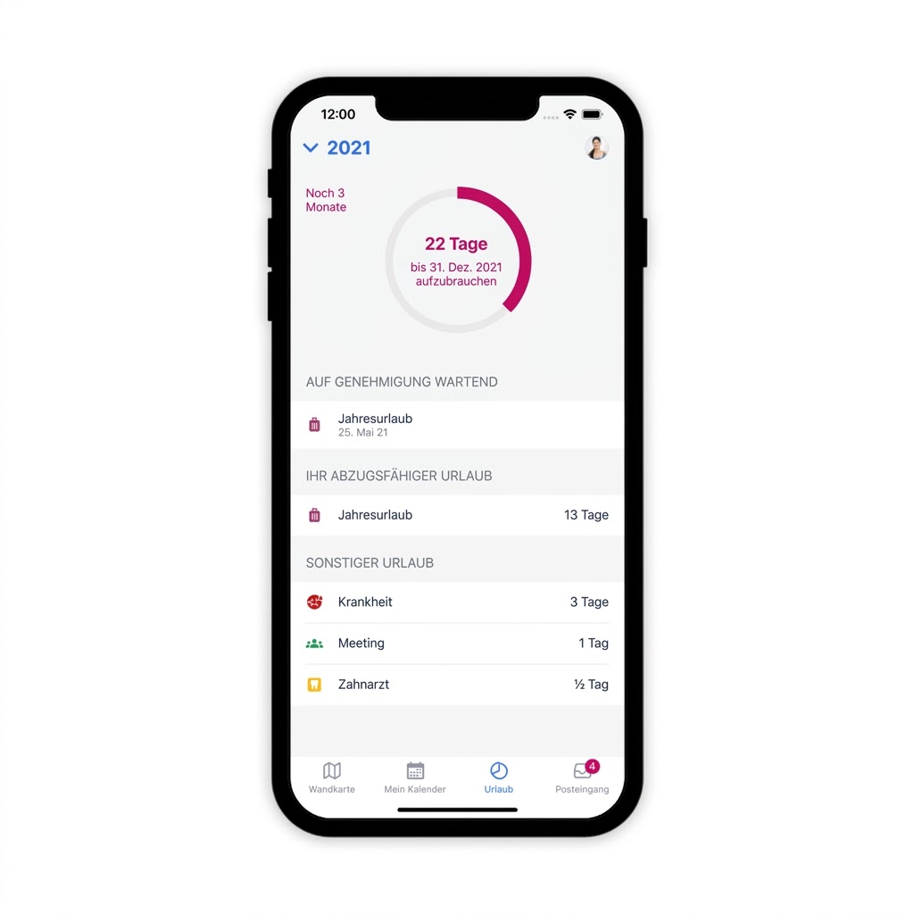Eine Smartphone-Anzeige auf Deutsch für eine App zur Urlaubsverwaltung, die den verbleibenden Jahresurlaub, ausstehende Genehmigungen und verschiedene Abwesenheitskategorien anzeigt.