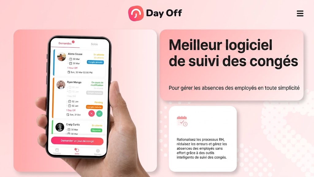 Main tenant un smartphone affichant l'application mobile Day Off pour la gestion des demandes de congés, à côté d'une présentation du logiciel de suivi des absences en français.